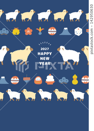 2027 羊年新年賀卡模板（設計以綿羊遊行和新年圖案為特色，以深藍色背景裝飾） 142950630