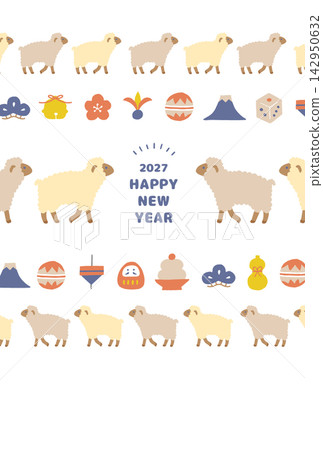 2027 Year of the Sheep New Year's card template (design featuring a procession of sheep and New Year's motifs arranged in a border pattern, white background) 2027 Year of the Sheep New Year's card template (design featuring a procession of sheep and New Year's motifs arranged in a border pattern, white background) 142950632
