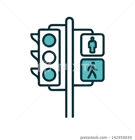 Essential line art icon set depicting traffic lights and crossing signs for navigation, safety, or urban themes. 142950830