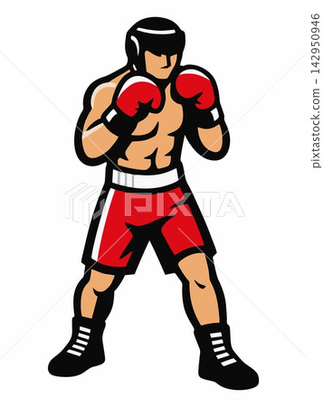 Boxer Fighter with Headgear in Stance Illustration Boxer Fighter with Headgear in Stance Illustration 142950946