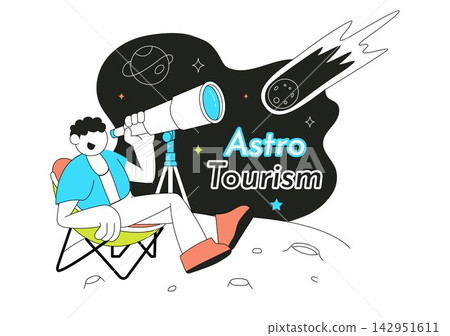 Astro Tourism Illustration featuring Tourists Exploring Space with Telescope, Planetary Discovery, Satellite, Rocket and Cosmic Adventure Theme Astro Tourism Illustration featuring Tourists Exploring Space with Telescope, Planetary Discovery, Satellite, Rocket and Cosmic Adventure Theme 142951611
