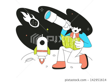 Astro Tourism Illustration featuring Tourists Exploring Space with Telescope, Planetary Discovery, Satellite, Rocket and Cosmic Adventure Theme Astro Tourism Illustration featuring Tourists Exploring Space with Telescope, Planetary Discovery, Satellite, Rocket and Cosmic Adventure Theme 142951614
