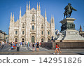 Milan Cathedral and the equestrian statue of Vittorio Emanuele II stand out against the blue sky. 142951826