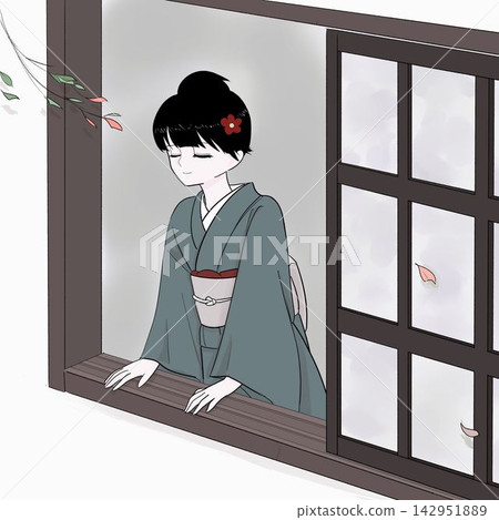 一位身穿和服的女子打開窗戶,感受秋風。 一位身穿和服的女子打開窗戶,感受秋風。 142951889
