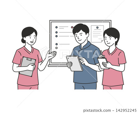 插圖描繪了護理人員在白板前召開交班會議的情景。晨會、研討會、資訊分享。 插圖描繪了護理人員在白板前召開交班會議的情景。晨會、研討會、資訊分享。 142952245