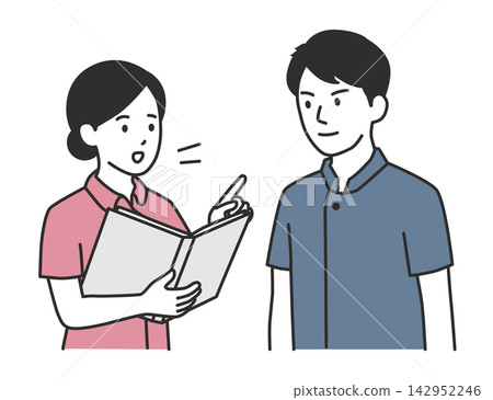 插圖描繪了男女護士審查文件和進行交接班/會議的場景。 (指導、培訓、資訊分享) 插圖描繪了男女護士審查文件和進行交接班/會議的場景。 (指導、培訓、資訊分享) 142952246