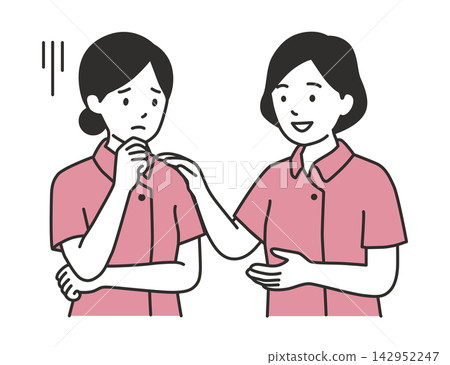 插圖描繪了一位資深護理師溫和地鼓勵並傾聽一位遇到困難的年輕護理師的擔憂。 (指導老師、培訓、招募啟事) 插圖描繪了一位資深護理師溫和地鼓勵並傾聽一位遇到困難的年輕護理師的擔憂。 (指導老師、培訓、招募啟事) 142952247