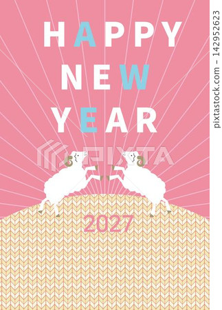 新年賀卡，圖案為跳躍的綿羊和針織紋樣－羊年，2027年 142952623