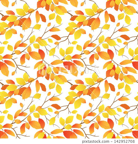 Vector background with Elm autumn branches. A seamless pattern of orange and yellow leaves. Leaf fall season. Clip art with beech leaves. Cartoon illustration for Thanksgiving Day packaging textiles. Vector background with Elm autumn branches. A seamless pattern of orange and yellow leaves. Leaf fall season. Clip art with beech leaves. Cartoon illustration for Thanksgiving Day packaging textiles. 142952708