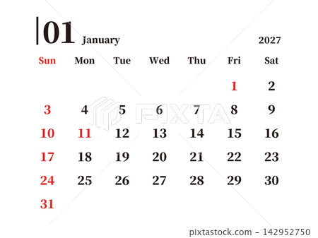 Simple Calendar, January 2027, Sunday Start, Landscape, A4 Size Simple Calendar, January 2027, Sunday Start, Landscape, A4 Size 142952750
