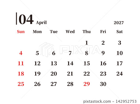 Simple Calendar, April 2027, Sunday Start, Landscape, A4 Size Simple Calendar, April 2027, Sunday Start, Landscape, A4 Size 142952753
