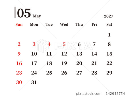 Simple Calendar, May 2027, Sunday Start, Landscape, A4 Size 142952754