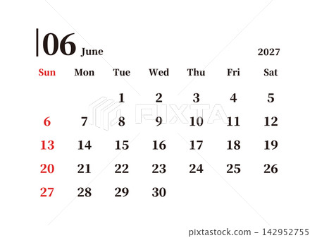 簡易日曆，2027年6月，星期日為起始日，橫向，A4尺寸 142952755
