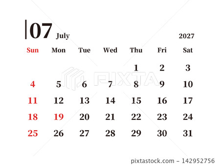 簡易日曆,2027年7月,星期日為起始日,橫向,A4尺寸 簡易日曆,2027年7月,星期日為起始日,橫向,A4尺寸 142952756
