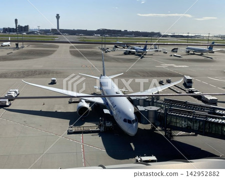 從羽田機場3號航站樓的觀景台上可以看到全日空中巴士飛機和機場景色。 從羽田機場3號航站樓的觀景台上可以看到全日空中巴士飛機和機場景色。 142952882
