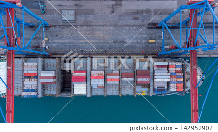 Aerial view of vibrant container ship docked at bustling port with colorful containers, cranes, and tranquil water. global shipping, logistics, and maritime commerce concepts. Aerial view of vibrant container ship docked at bustling port with colorful containers, cranes, and tranquil water. global shipping, logistics, and maritime commerce concepts. 142952902