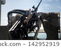 Defensive mounted machine gun with ammo belt on turret for ship or vehicle protection 142952919