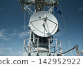 Advanced naval communication: Satellite dish with NATO flag against clear blue sky. technology, defense, maritime operations, and global communications concepts. 142952922