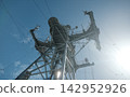 Majestic silhouette of a giant radio telescope's intricate metal framework set against a clear sky, showcasing advanced communication technology and engineering marvel in astronomy. 142952926