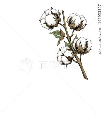 Hand Drawn Cotton Boll Branch Botanical Element with Natural Asymmetric Functional Composition Hand Drawn Cotton Boll Branch Botanical Element with Natural Asymmetric Functional Composition 142953507