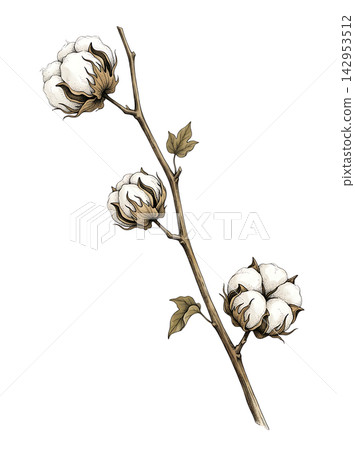 Hand Drawn Cotton Boll Branch Botanical Element with Natural Asymmetric Functional Composition Hand Drawn Cotton Boll Branch Botanical Element with Natural Asymmetric Functional Composition 142953512