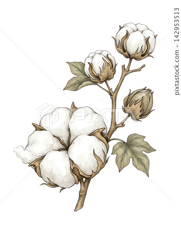 Hand Drawn Cotton Boll Branch Botanical Element with Natural Asymmetric Functional Composition Hand Drawn Cotton Boll Branch Botanical Element with Natural Asymmetric Functional Composition 142953513