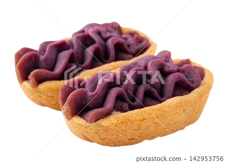 Two cutout images of purple sweet potato tarts on a transparent background. Two cutout images of purple sweet potato tarts on a transparent background. 142953756