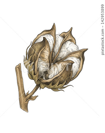 Hand Drawn Cotton Branch with Mature White Cotton and Developing Bolls Isolated on Transparent Background Hand Drawn Cotton Branch with Mature White Cotton and Developing Bolls Isolated on Transparent Background 142953899