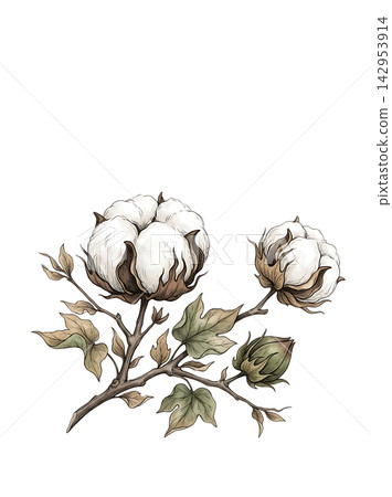 Hand Drawn Cotton Branch with Mature White Cotton and Developing Bolls Isolated on Transparent Background Hand Drawn Cotton Branch with Mature White Cotton and Developing Bolls Isolated on Transparent Background 142953914