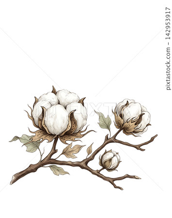 Hand Drawn Cotton Branch with Mature White Cotton and Developing Bolls Isolated on Transparent Background Hand Drawn Cotton Branch with Mature White Cotton and Developing Bolls Isolated on Transparent Background 142953917