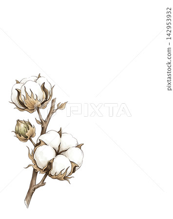 Hand Drawn Cotton Branch with Mature White Cotton and Developing Bolls Isolated on Transparent Background Hand Drawn Cotton Branch with Mature White Cotton and Developing Bolls Isolated on Transparent Background 142953932