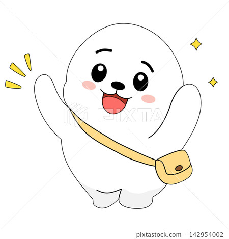 Cute white baby seal character wearing yellow crossbody bag happy excited mascot sticker print visual graphic clipart artwork design icon element illustration 142954002