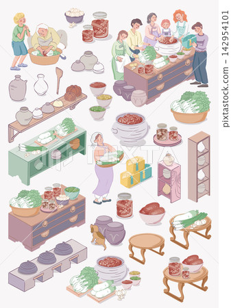 Kimjang Korean Kimchi Making Culture Vector Illustration with Diverse People for stickers and icons Kimjang Korean Kimchi Making Culture Vector Illustration with Diverse People for stickers and icons 142954101