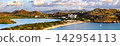 Panoramic view of Deep Bay Beach with a lagoon and a tropical resort with turquoise water surrounded by hills in Antigua and Barbuda. 142954113