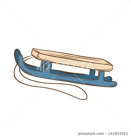 Vector illustration of a wooden sled with blue runners and rope 142954503