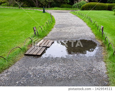 Large puddles on the park paths due to rain; temporary wooden platforms have been set up to ensure passage. Large puddles on the park paths due to rain; temporary wooden platforms have been set up to ensure passage. 142954511