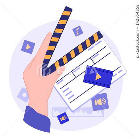 Human Hand Holding Clapperboard with Film Production Elements Floating Around for Film Production Concept Illustration Clip Art Human Hand Holding Clapperboard with Film Production Elements Floating Around for Film Production Concept Illustration Clip Art 142954858