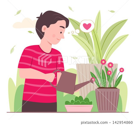 Cute Kid Boy Watering a Flower Plant in Garden for Gardening Concept Illustration Cute Kid Boy Watering a Flower Plant in Garden for Gardening Concept Illustration 142954860