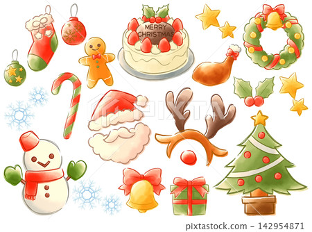 Cute Christmas illustration set - hand-drawn style watercolor print Cute Christmas illustration set - hand-drawn style watercolor print 142954871