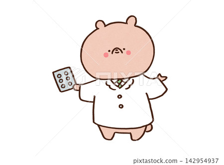 一隻穿著白大褂的藥劑師熊正在講解口服藥(用藥指導/藥房)。 一隻穿著白大褂的藥劑師熊正在講解口服藥(用藥指導/藥房)。 142954937