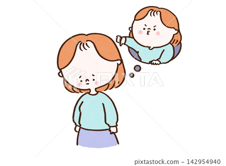 一個女人在想像中給自己豎起大拇指朝下,否定自己(自卑)。 一個女人在想像中給自己豎起大拇指朝下,否定自己(自卑)。 142954940