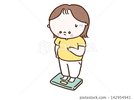 一位女士站在體重計後,震驚地發現自己體重增加了。 一位女士站在體重計後,震驚地發現自己體重增加了。 142954941