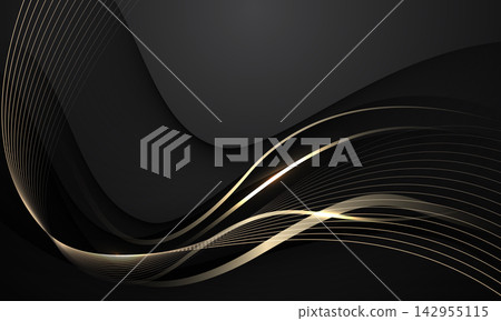 Abstract gold ribbon luxury wave curve on black design modern creative background vector illustration. Abstract gold ribbon luxury wave curve on black design modern creative background vector illustration. 142955115