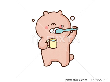 A bear holding a cup in one hand and carefully brushing its teeth with a toothbrush (oral care/cavity prevention) A bear holding a cup in one hand and carefully brushing its teeth with a toothbrush (oral care/cavity prevention) 142955132