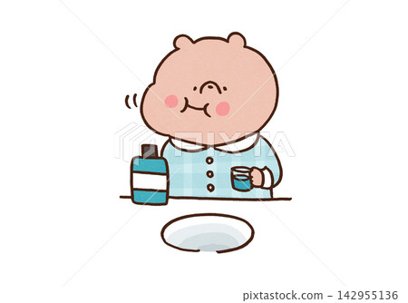A bear swishing mouthwash around in its mouth (oral care/bad breath prevention) A bear swishing mouthwash around in its mouth (oral care/bad breath prevention) 142955136