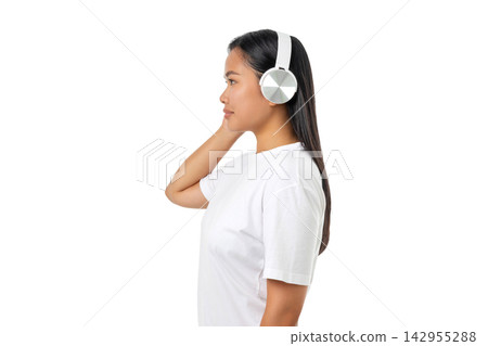 Woman listens to music with headphones on her ears, PNG Woman listens to music with headphones on her ears, PNG 142955288