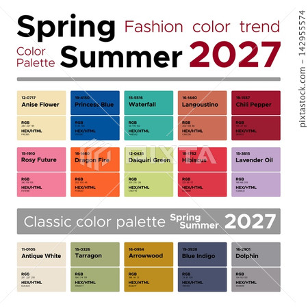 Fashion color trends Spring Summer 2027. Palette fashion colors guide with named color swatches, RGB, HEX colors 142955574