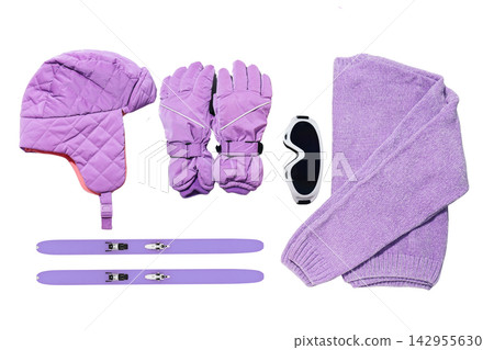 Ski outfit. Winter ski apparel laid out with ski gear and accessories, PNG 142955630