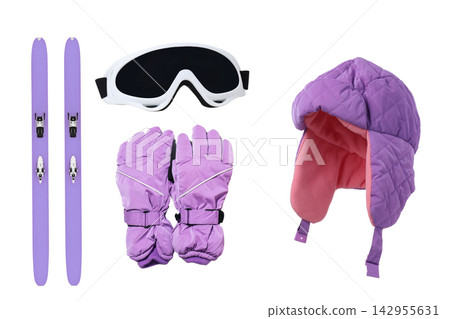 Ski outfit. Vibrant ski equipment and warm winter accessories displayed together, PNG Ski outfit. Vibrant ski equipment and warm winter accessories displayed together, PNG 142955631
