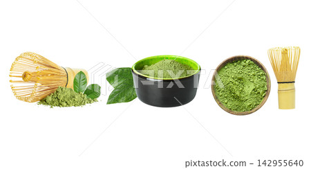 Matcha. Matcha powder and traditional bamboo whisk displayed alongside green tea leaves. PNG 142955640